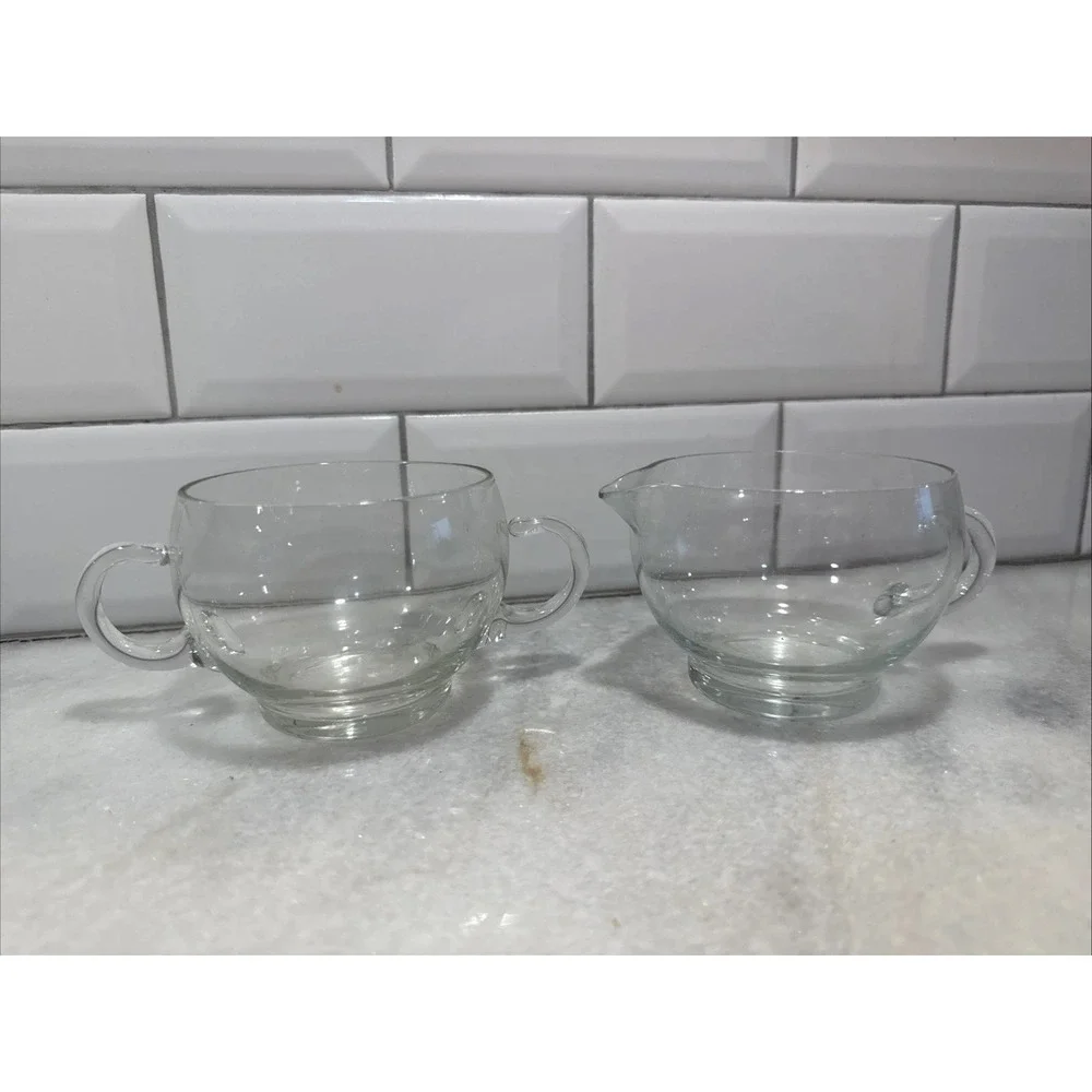 Vintage Hand Blown‎ Clear Glass Cream And Sugar Set OLA002